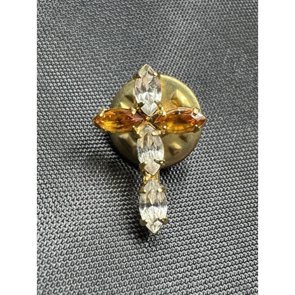 Gold Tone Cross With Amber And CZ‎ Lapel Pin